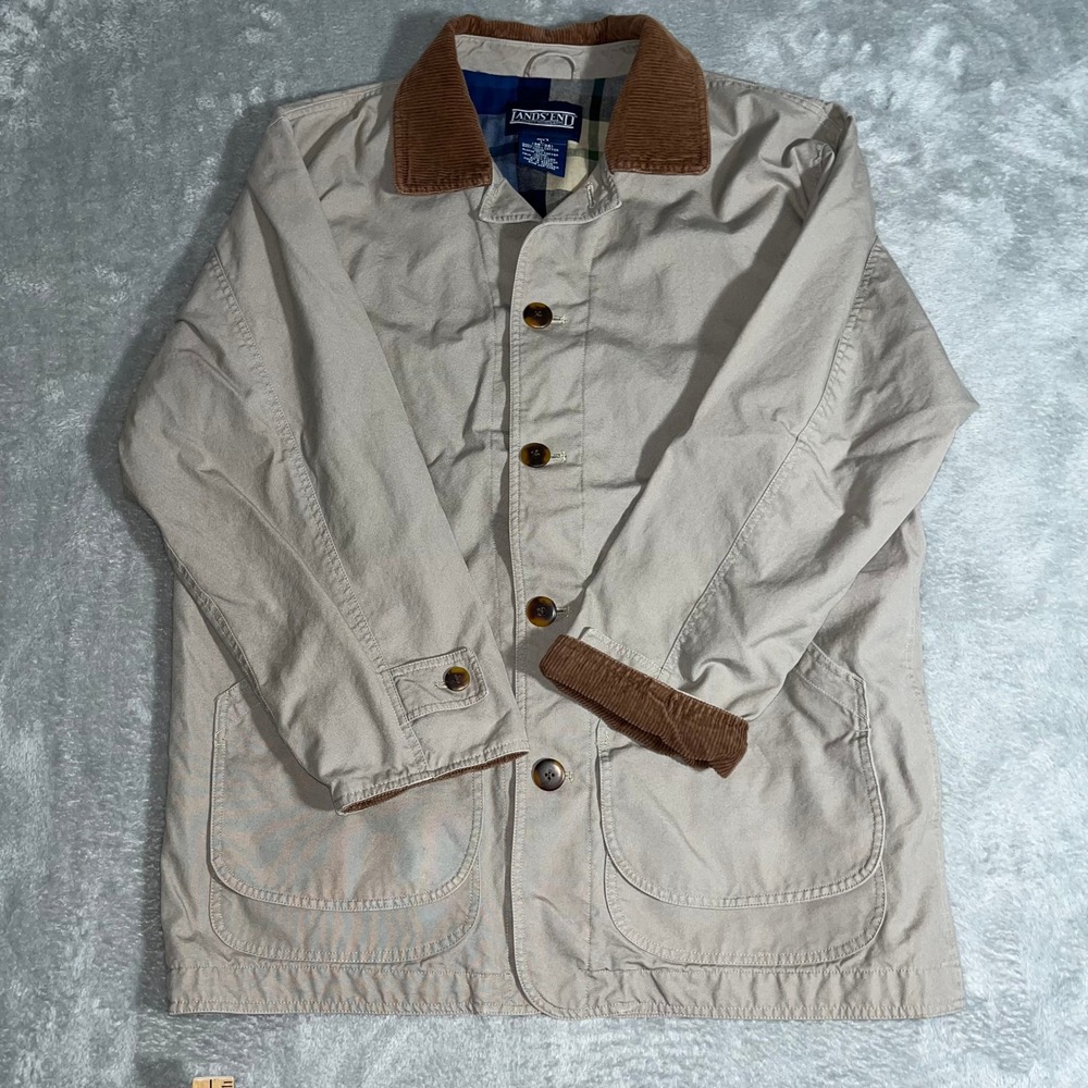 Lands' End Mens (L) Barn Jacket Chore Coat Plaid Lined Corduroy Collar